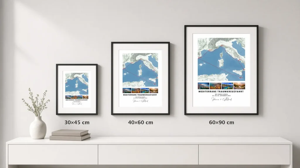 Größenvergleich: dieselbe CruiseMap gerahmt in 30×45, 40×60 und 60×90 cm an einer Wand über einem Sideboard