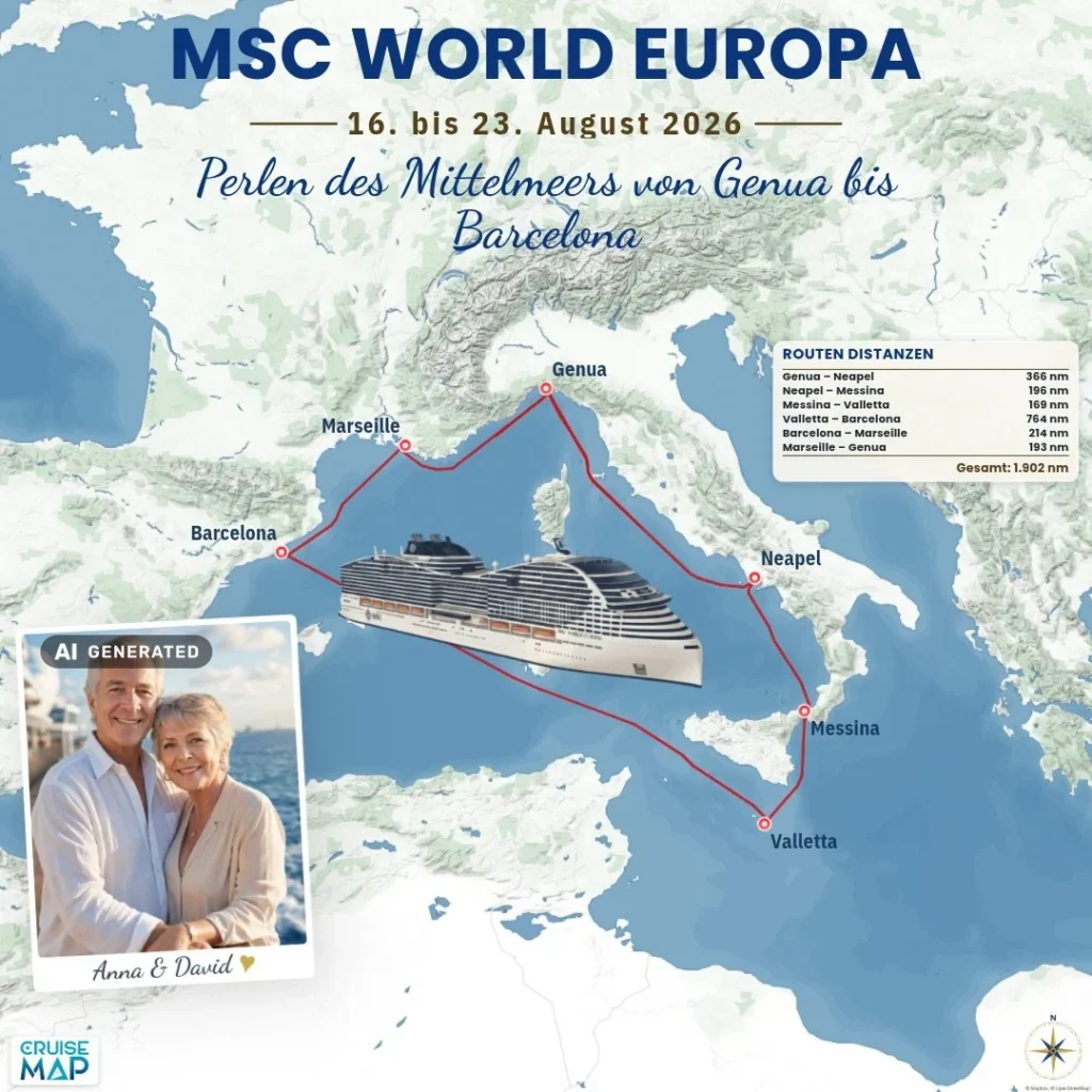 Beispiel CruiseMap social Personalized: dieselbe Route mit Paarfoto, Schiffsillustration, Reiseslogan und Distanztabelle (Paarfoto KI-generiert)