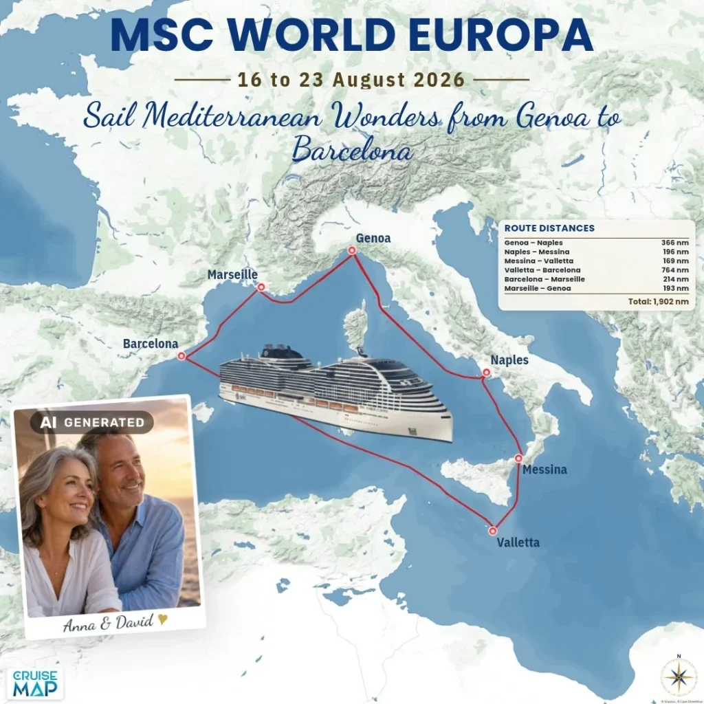 Example CruiseMap social Personalized: the same route with couple photo, ship illustration, slogan and distance table (couple photo AI-generated)