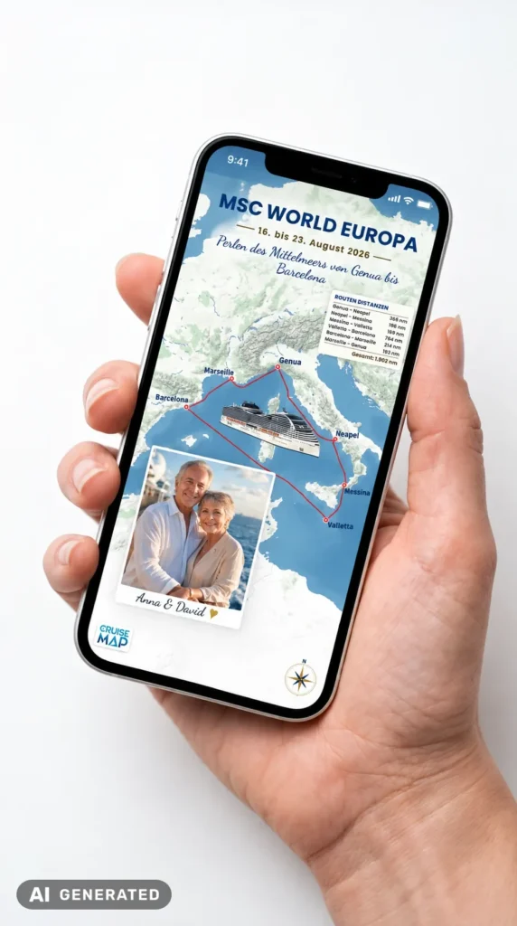 Hand hält ein Smartphone mit einer personalisierten CruiseMap der MSC World Europa (KI-generiertes Bild)