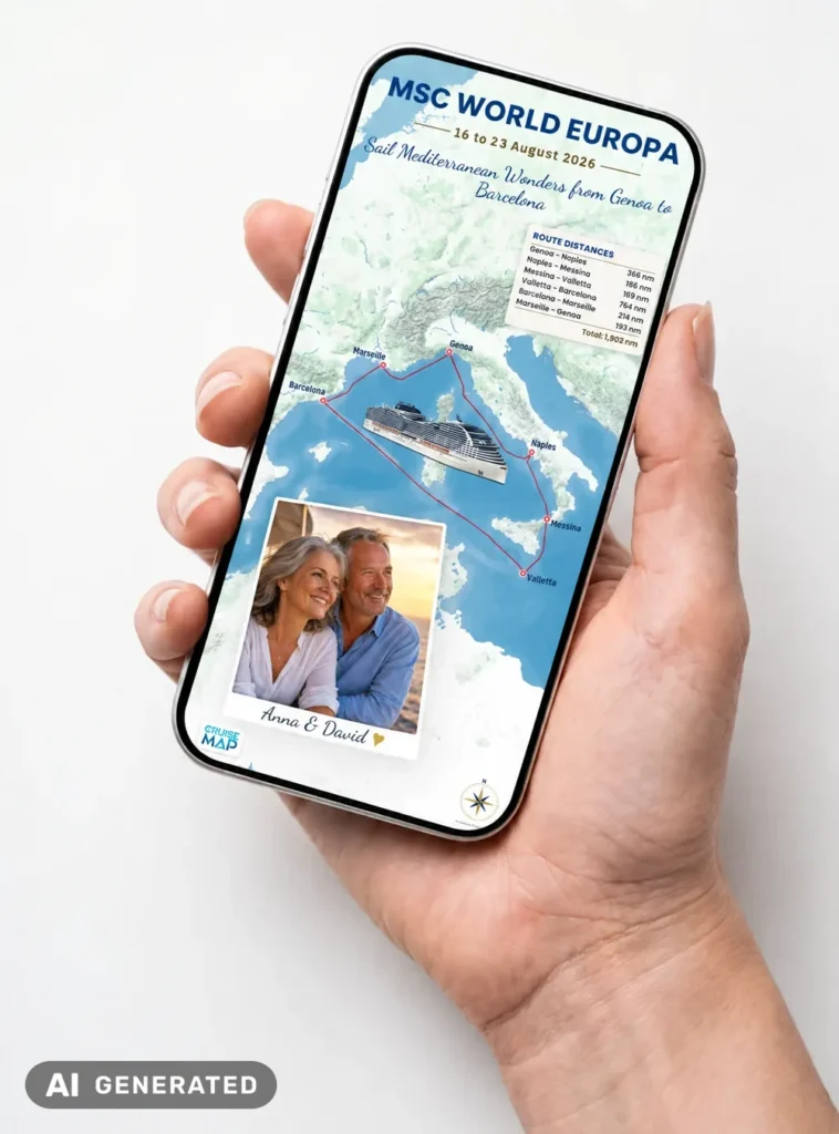 Hand holding a smartphone with a personalised CruiseMap of MSC World Europa (AI-generated image)