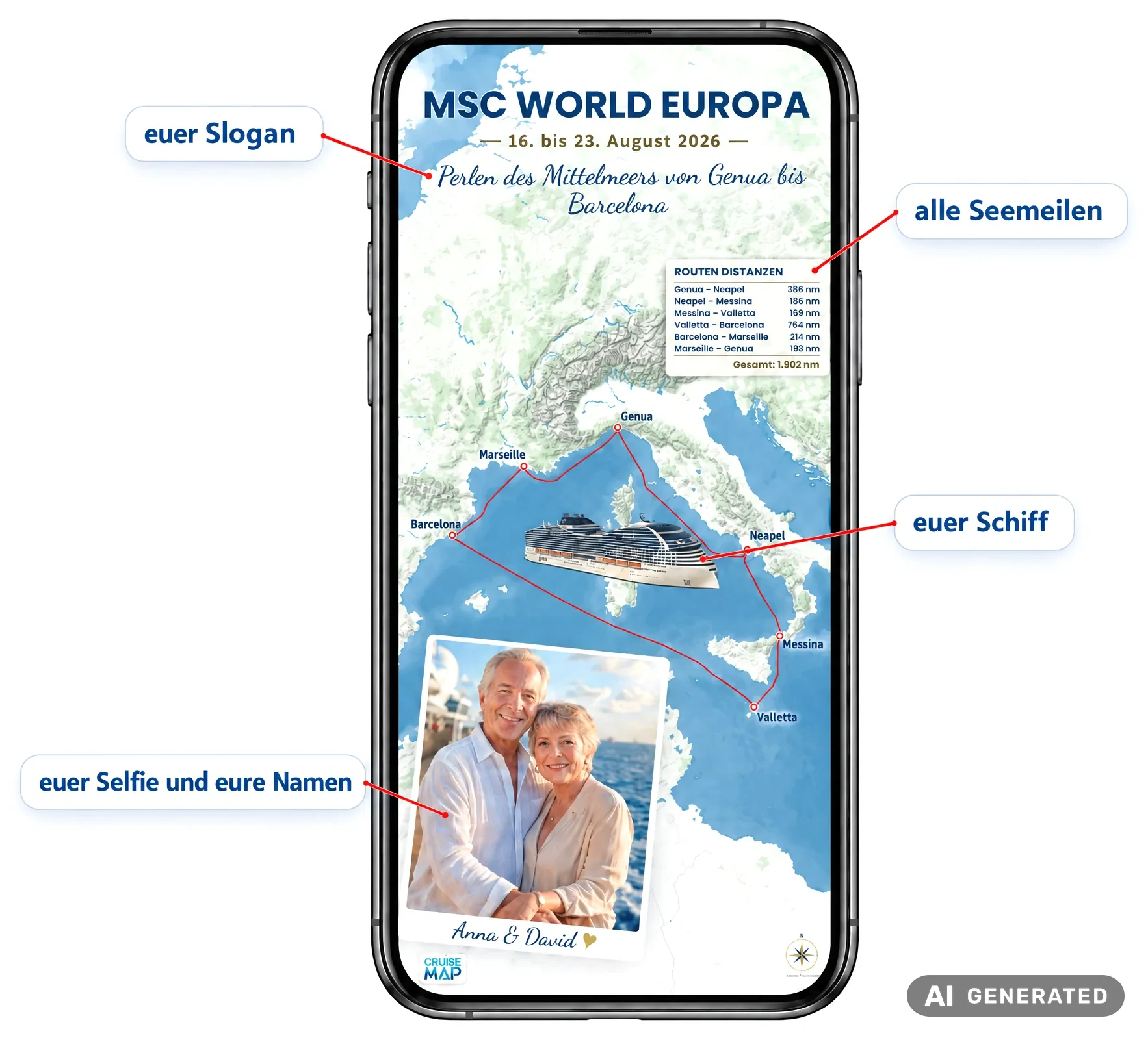 Smartphone mit CruiseMap social Personalized der MSC World Europa, beschriftet: euer Slogan, alle Seemeilen, euer Schiff, euer Selfie und eure Namen (KI-generiertes Bild)