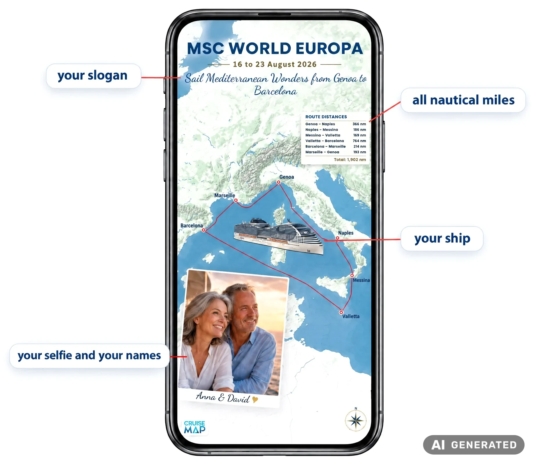 Smartphone showing a CruiseMap social Personalized of MSC World Europa, labelled: your slogan, all nautical miles, your ship, your selfie and your names (AI-generated image)