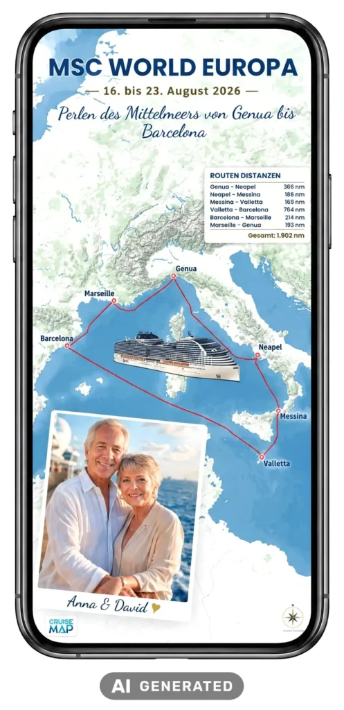 Smartphone mit einer CruiseMap social Personalized: Route der MSC World Europa mit Paarfoto, Schiff, Slogan und Distanztabelle (KI-generiertes Bild)