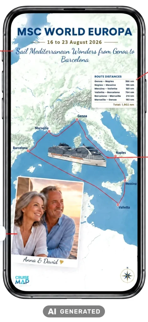 Smartphone showing a CruiseMap social Personalized: MSC World Europa route with couple photo, ship, slogan and distance table (AI-generated image)