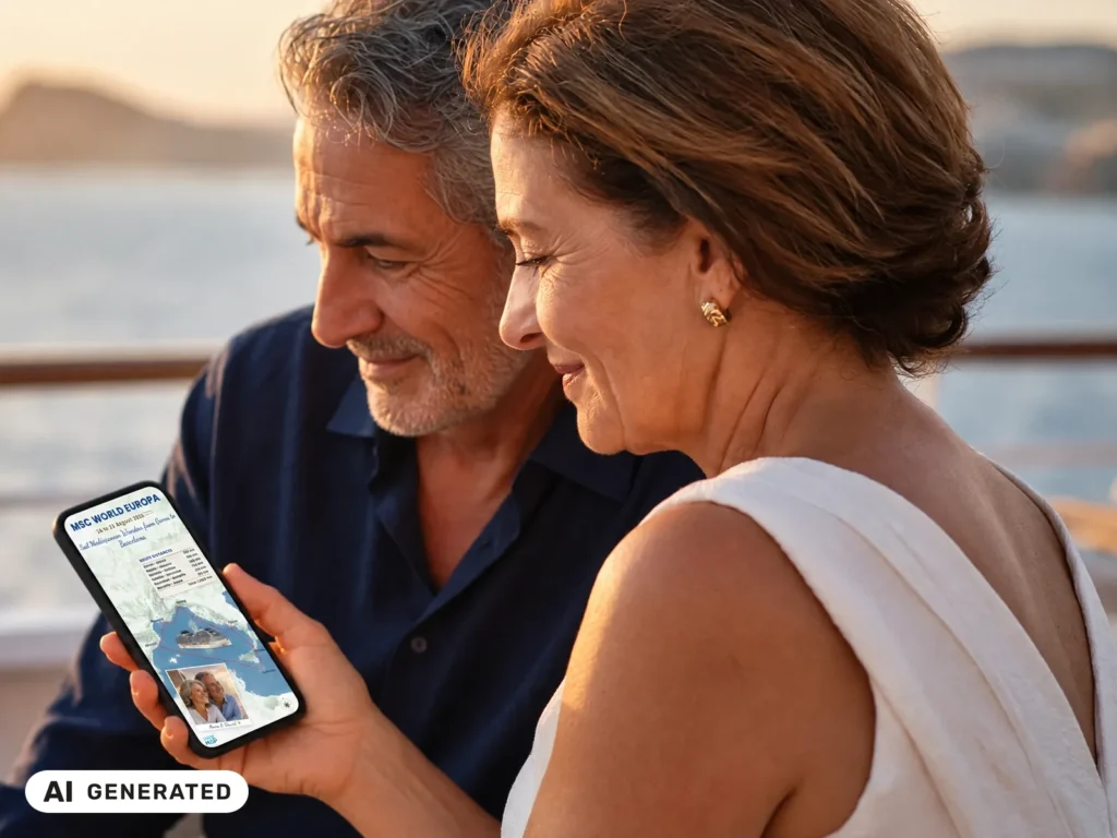 Couple on the deck of a cruise ship at sunset looking at their CruiseMap on a smartphone together (AI-generated image)