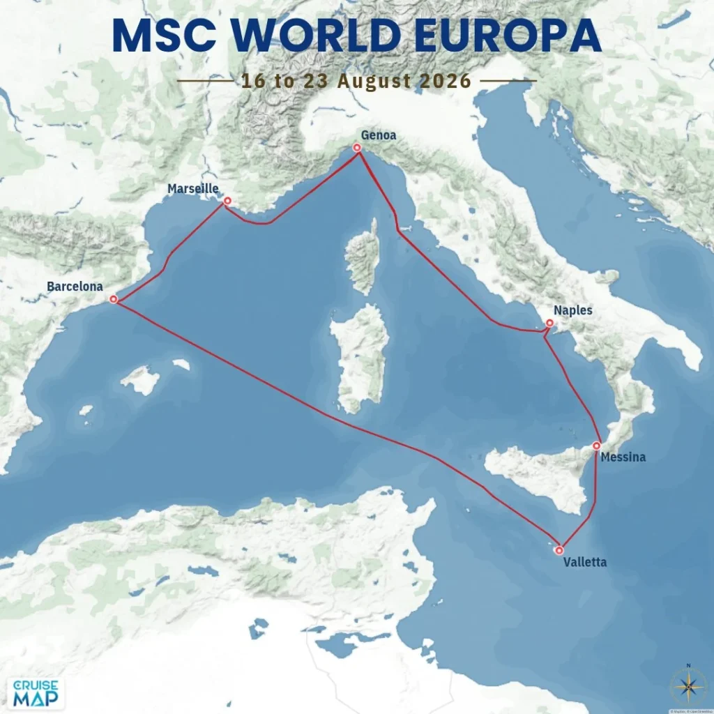 Example CruiseMap social Pure: MSC World Europa route with ports and travel dates