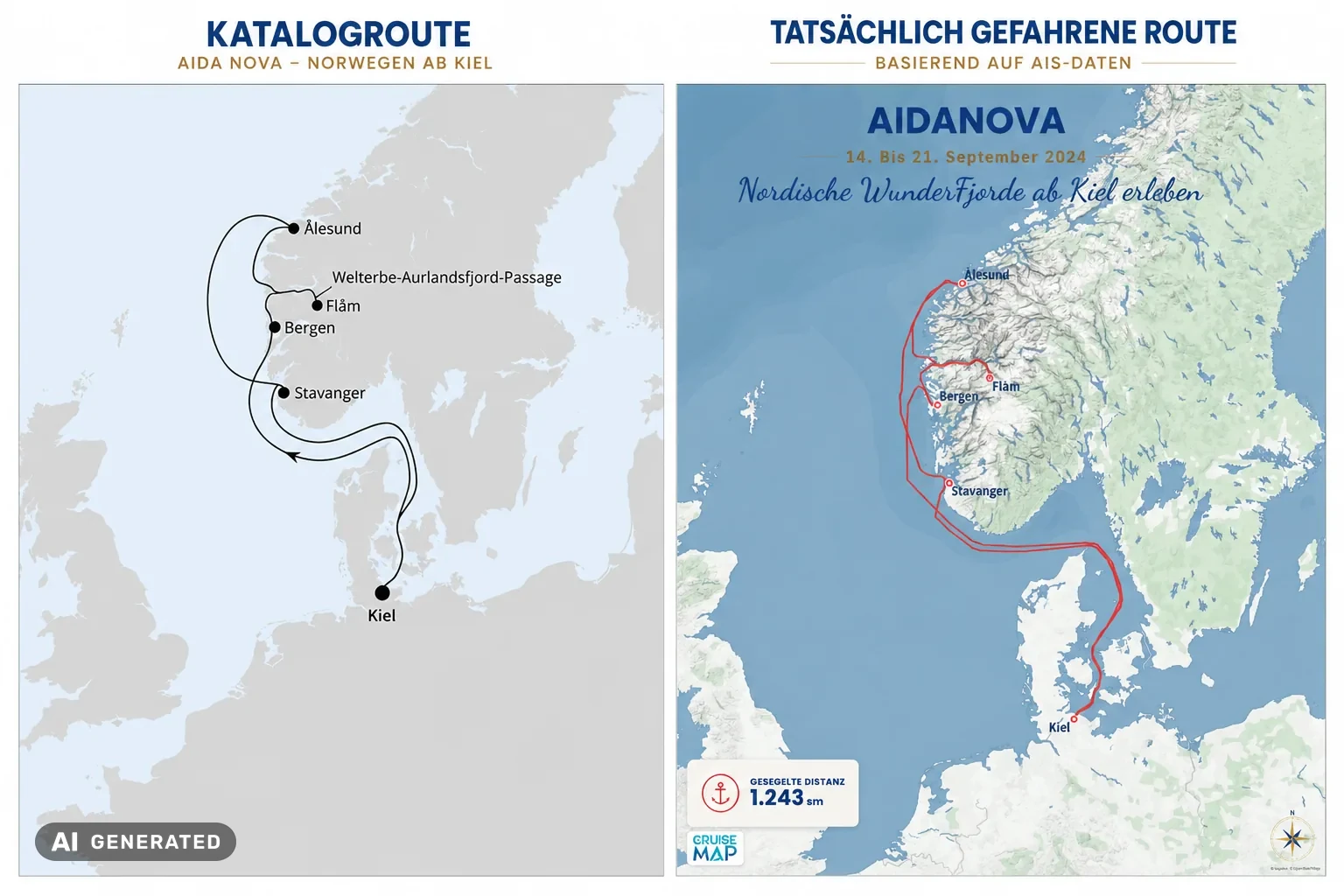 Vergleich: schematische Katalogroute und tatsächlich gefahrene Route aus AIS-Daten, Beispiel AIDAnova Norwegen ab Kiel (KI-generierte Grafik)
