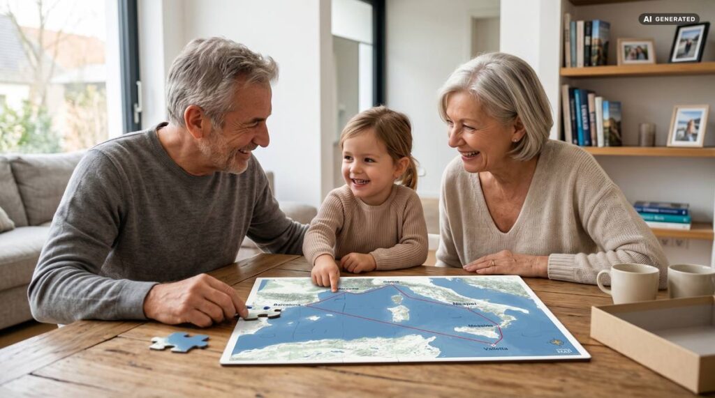 Großeltern und ihre Enkelin am Esstisch: Das Mädchen zeigt auf Marseille auf dem fast fertigen 24-Teile-CruiseMap-Puzzle, der Großvater hält ein Puzzleteil, die Großmutter lacht.