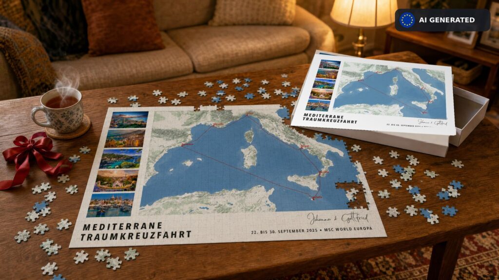 CruiseMap Puzzle mit 500 Teilen halb gelegt auf einem Wohnzimmertisch, daneben die Puzzleschachtel mit dem Motiv auf dem Deckel, eine rote Schleife und eine Tasse Tee.