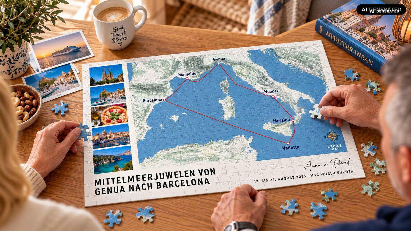 Fast fertig gelegtes CruiseMap Puzzle mit 500 Teilen: Mittelmeerkarte mit rot eingezeichneter Route von Genua über Marseille, Barcelona, Valletta, Messina und Neapel, Hafenfotos, Reisetitel und Namenszeile. Zwei Hände setzen die letzten Teile ein.
