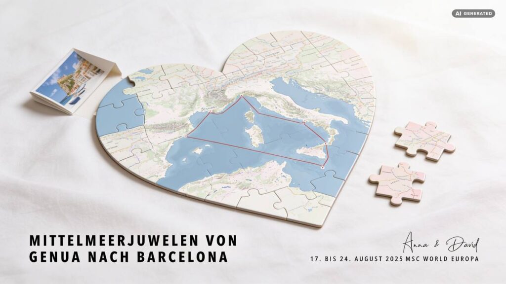 Herzförmiges CruiseMap Puzzle auf weißem Leinen, fast vollständig gelegt, zwei Teile daneben. Auf der Karte die rote Route von Genua nach Barcelona, darunter Reisetitel und Namenszeile.