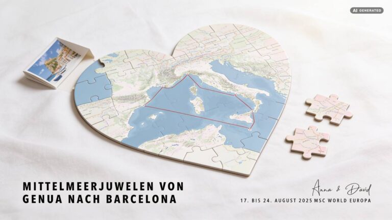 Herzförmiges CruiseMap Puzzle auf weißem Leinen, fast vollständig gelegt, zwei Teile daneben. Auf der Karte die rote Route von Genua nach Barcelona, darunter Reisetitel und Namenszeile.