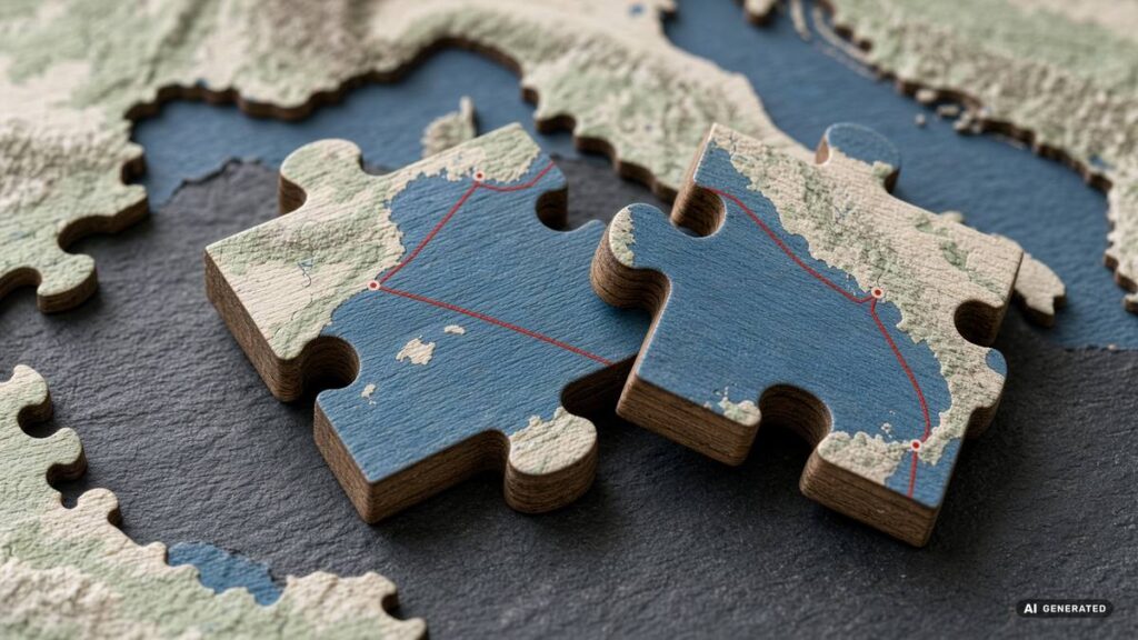 Nahaufnahme zweier dicker Holzpuzzleteile auf Schiefer, bedruckt mit blauer Meeresfläche, Küstenlinie und roter Routenlinie mit Hafenmarkern; die Kanten zeigen die Holzmaserung.
