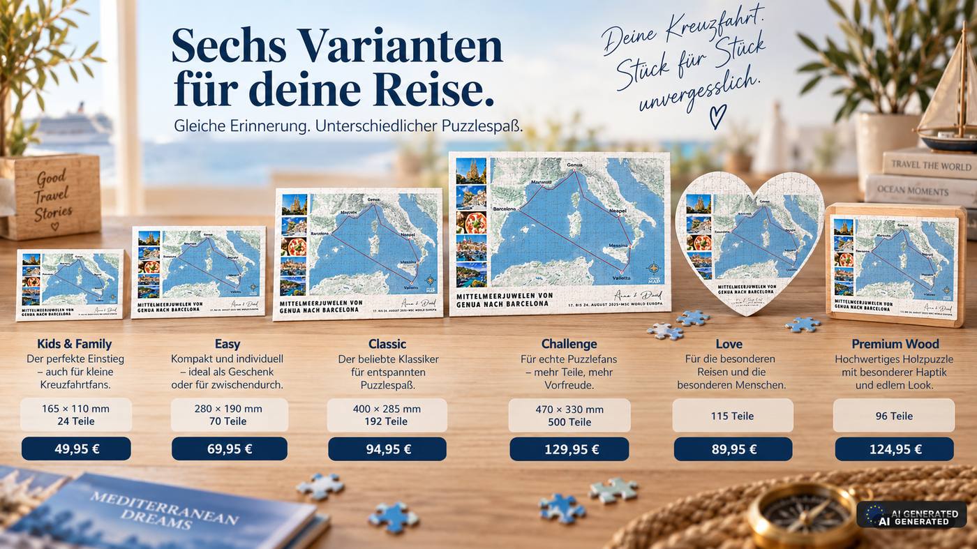 Alle sechs CruiseMap Puzzle nebeneinander: vier rechteckige Kartonpuzzle mit 24, 70, 192 und 500 Teilen, ein Herzpuzzle und ein Holzpuzzle – jeweils mit derselben Mittelmeer-Route von Genua nach Barcelona.